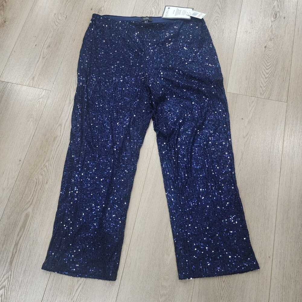 MSK Navy Sequin Mesh Palazzo Pants Wide Leg Elastic Waist Sparkly Evening Wea